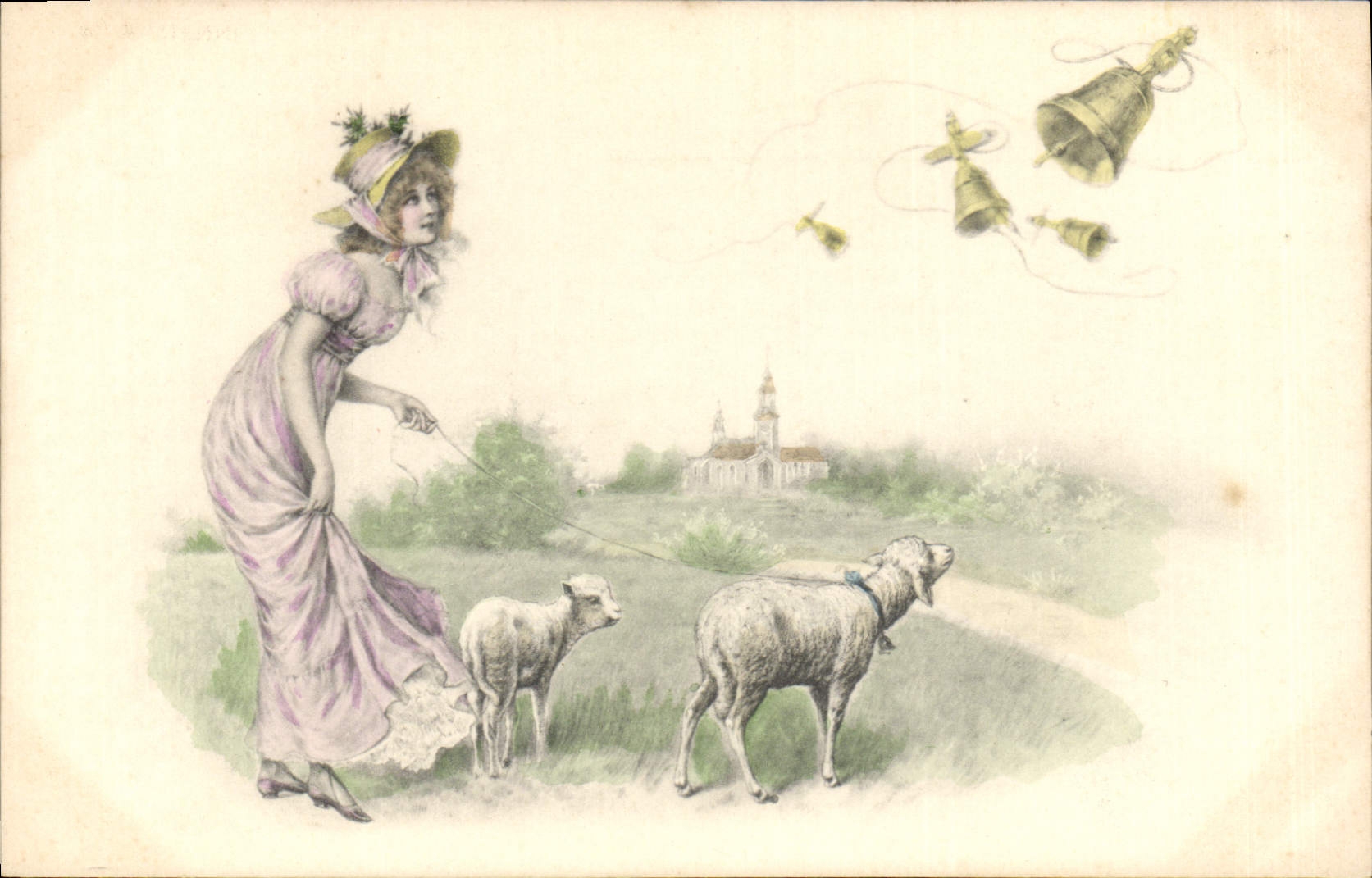 CPA Fantaisie Illustrateur Femme Agneau Cloches 