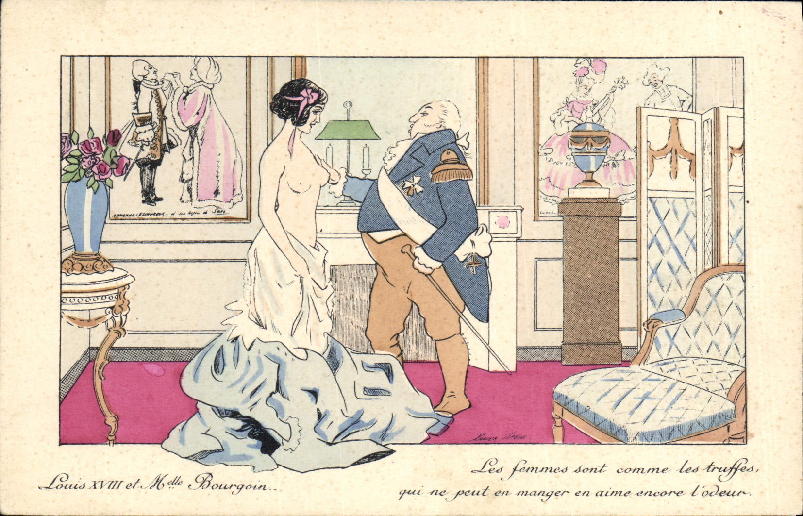 Louis XVIII et Mlle Bourgoin — caricature satirique — Louis 1900