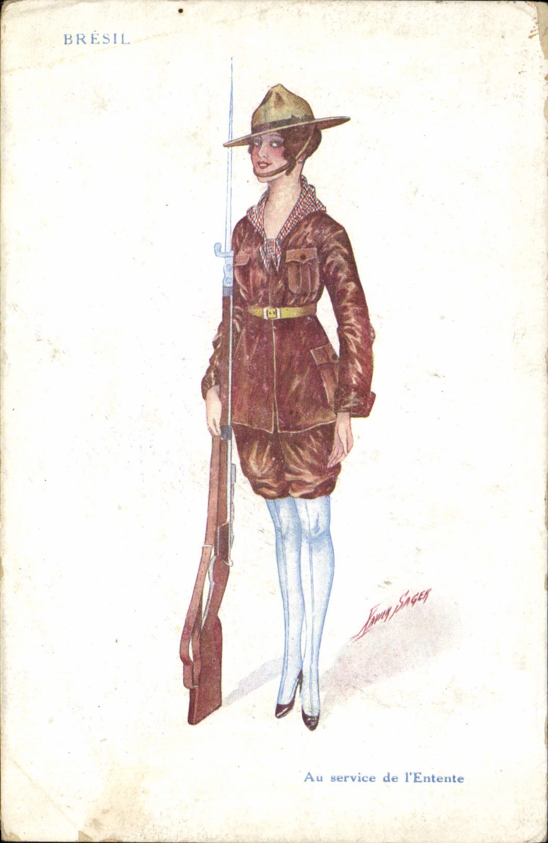 CPA Fantaisie Illustrateur Femme Bresil Au service de l'entente Militaria 