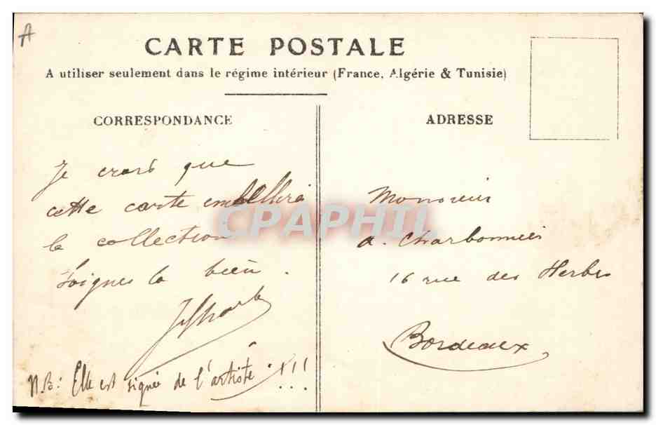 Femme en robe rouge tenant un bébé — texte imprimé 'Dire que ça c'est un homme!...' — éditeur Depose, signé Xavier Saëly — Reverso