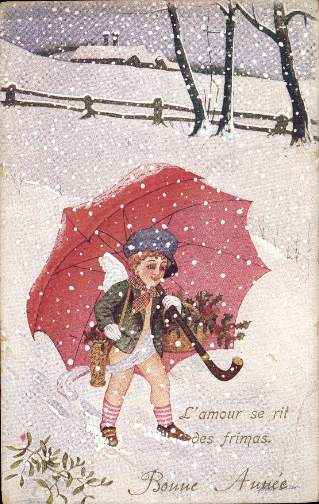 Enfant avec parapluie rouge — scène hivernale — Fantaisies trichromes A. Noyer Paris Série n° 16