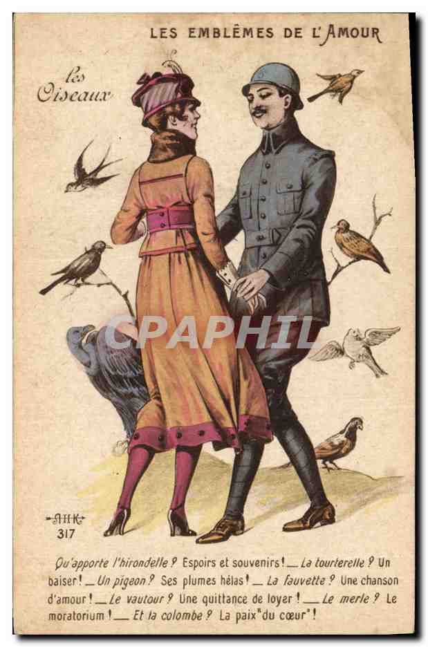 CPA Fantaisie Illustrateur Femme Les emblemes de l'amour Militaria Oiseaux 