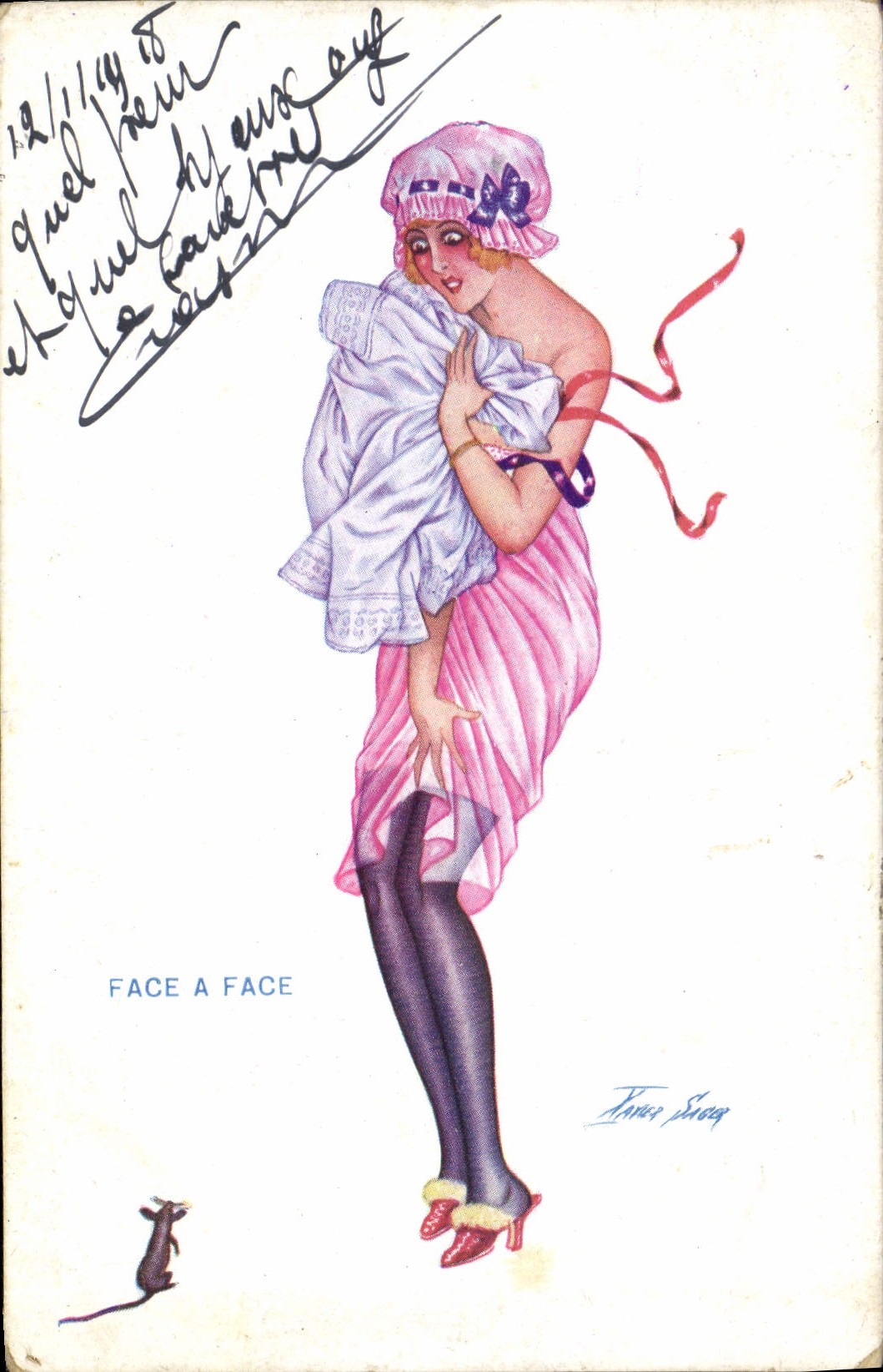 Femme en robe rose et chapeau — illustration de Fanny Snow — série 'Face à Face'
