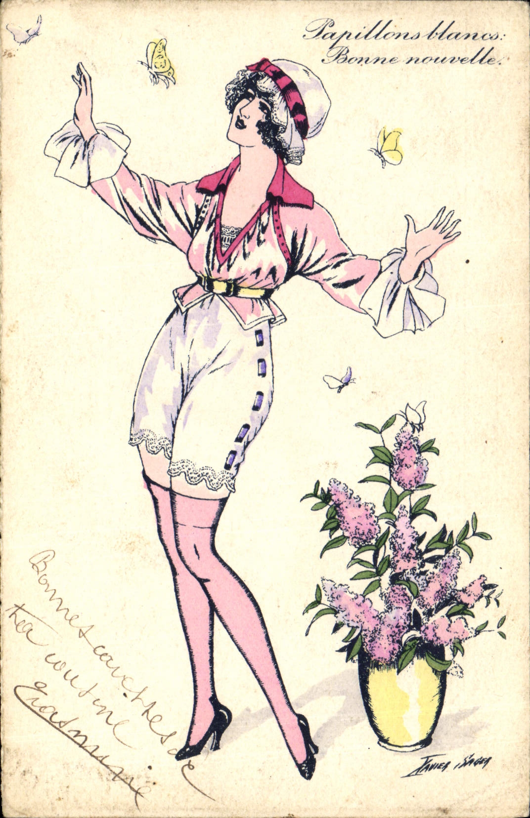 CPA Fantaisie Illustrateur Sager Femme Papillons blancs 