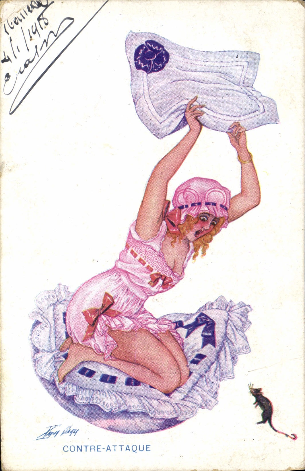CPA Fantaisie Illustrateur Sager Femme Contre attaque Souris 