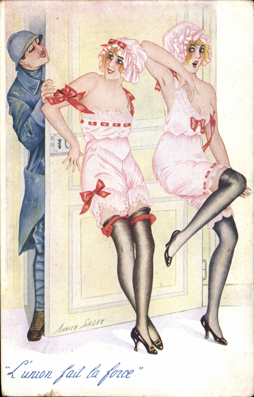 CPA Fantaisie Illustrateur Sager Femme L'union fait la force Militaria 
