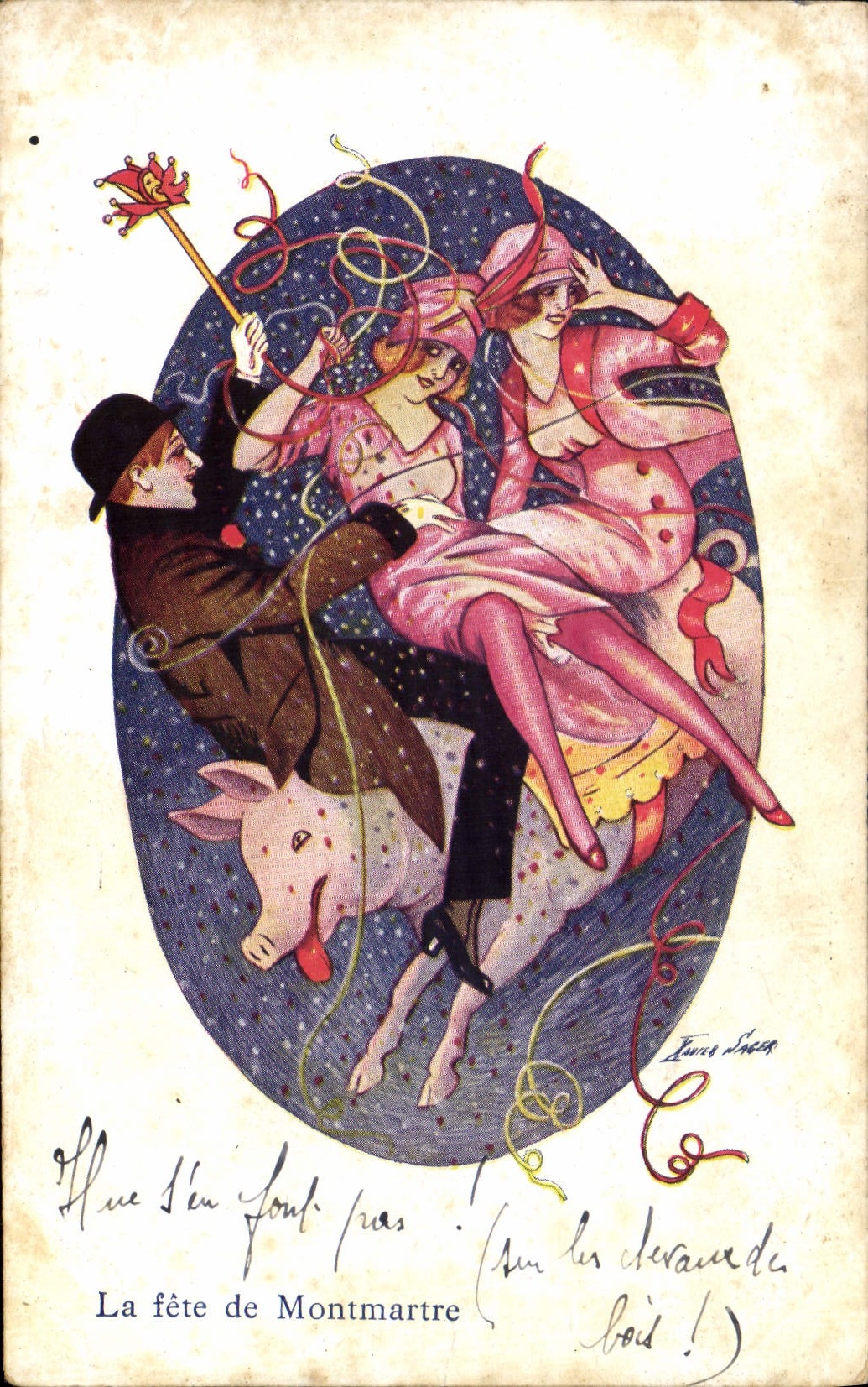 CPA Fantaisie Illustrateur Sager Femme La fete de Montmartre Paris Cochon Porc 