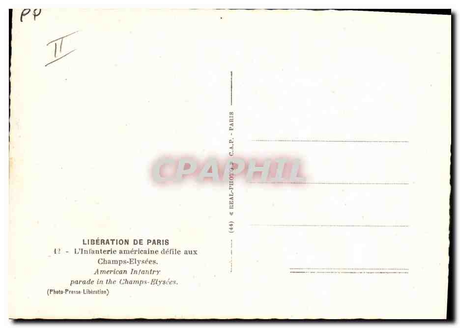 Libération de Paris — Infanterie américaine défile aux Champs-Élysées — Photo-Press Libération (42) — Verso