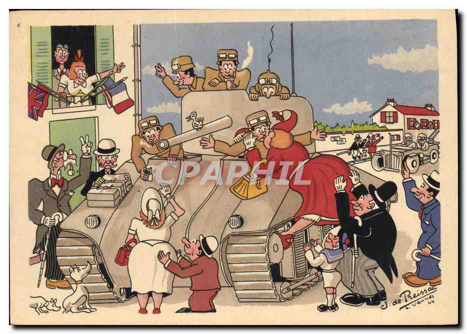 Soldats et civils dans un char d'assaut — caricature humoristique — J. de Reissac, n° 14