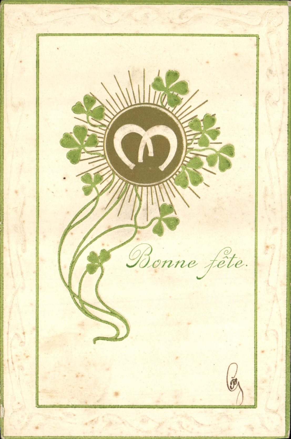 CPA Fantaisie Fleurs Trefles Fer a cheval