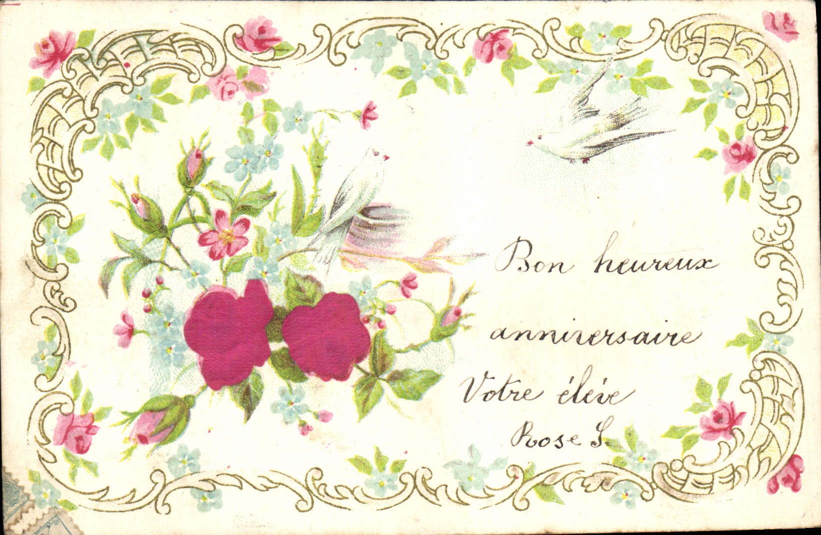 Fleurs et oiseaux — Bon anniversaire — Carte Postale Levelezó-Lap.