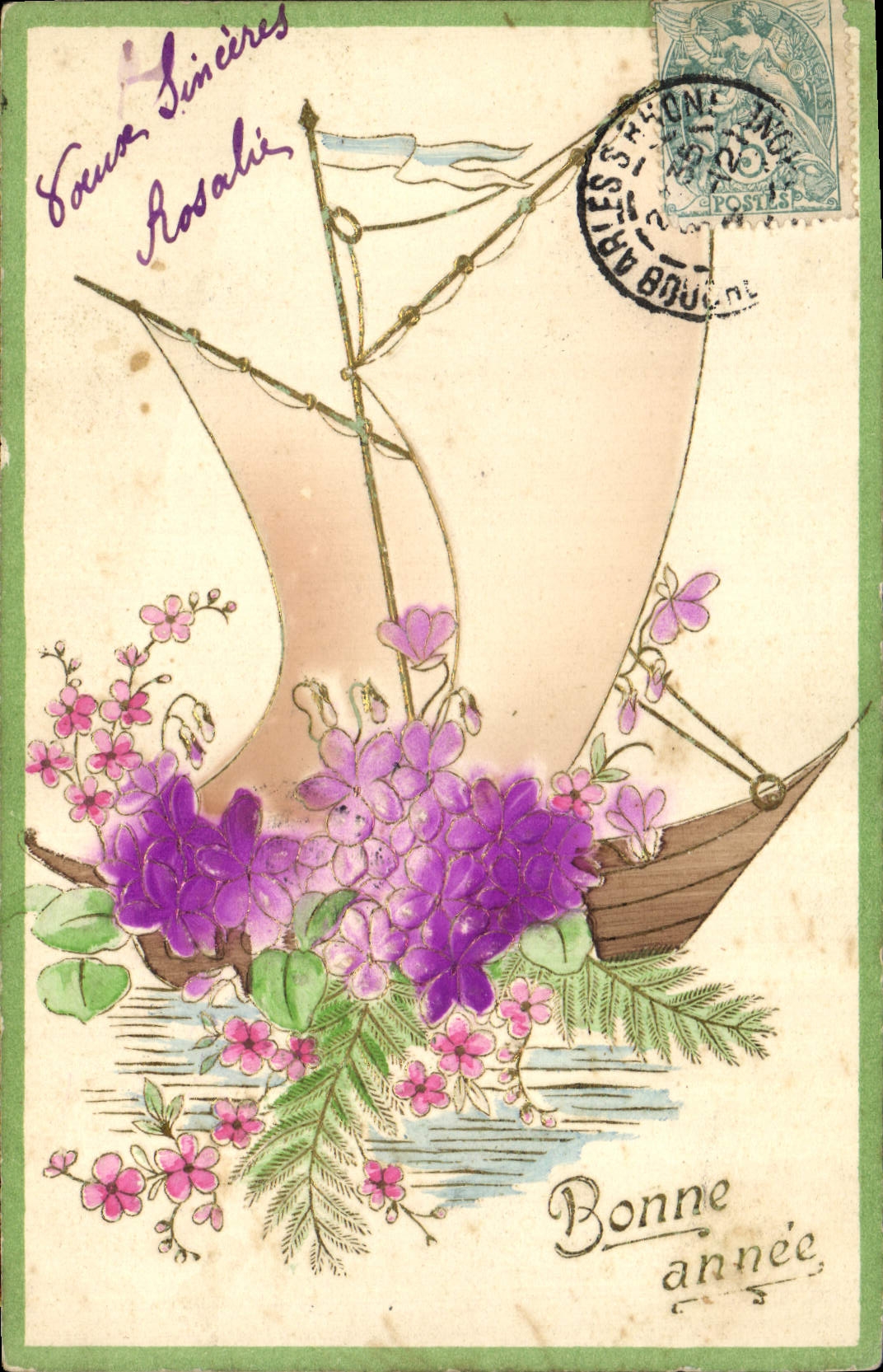 CPA Fantaisie Fleurs Bateau Voilier