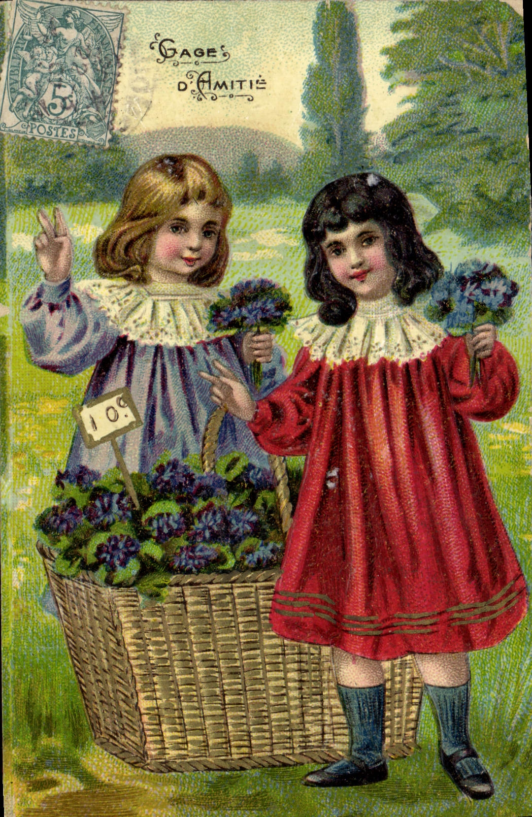 Deux fillettes avec un panier de fleurs — Gage d'Amitié — éditeur non identifié, n° de série 10