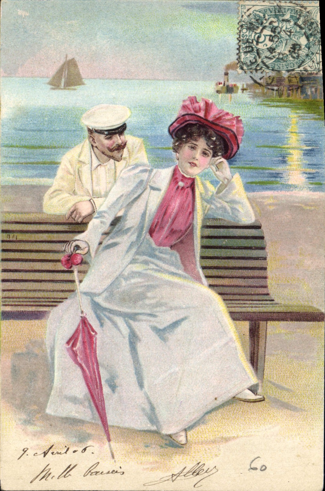 Couple au bord de la mer — scène de plage — J. Alley, série 60