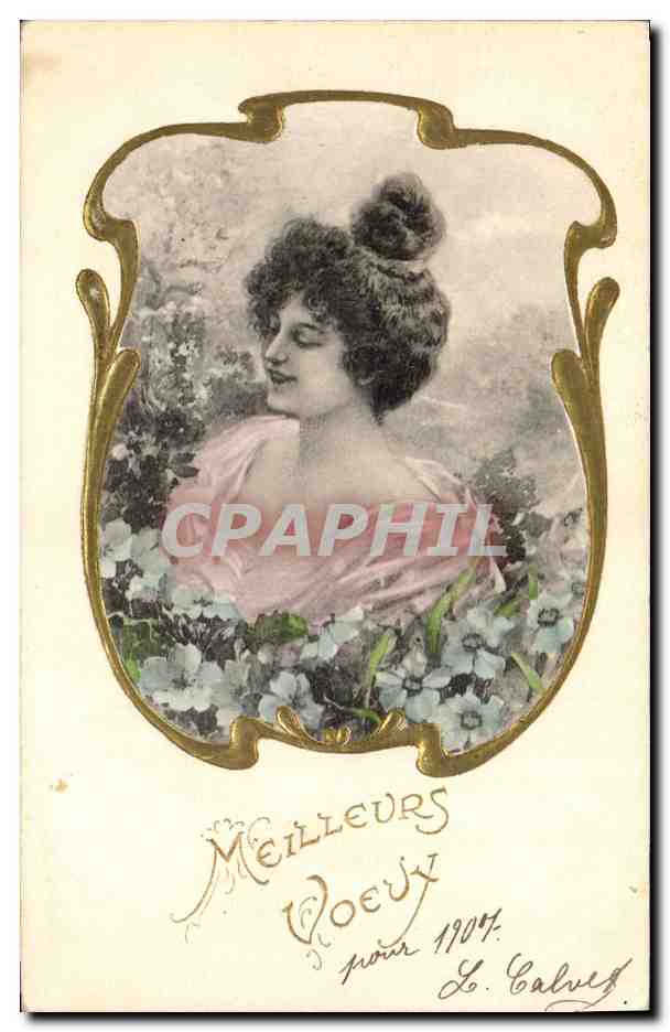 Joven mujer en vestido rosa — flores y marco dorado — L. Calvez, n° 1904