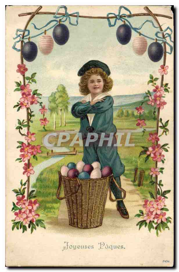 Child with Easter Egg Basket — floral decoration and hanging eggs — No. 3435