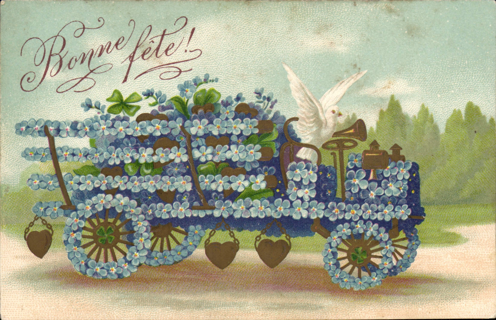 CPA Fantaisie Fleurs Automobile Colombe