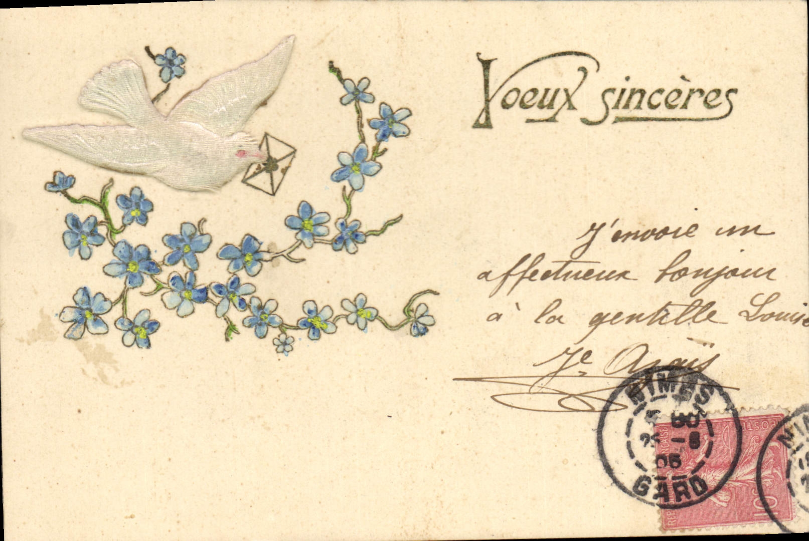 Colombe et fleurs — Vœux sincères — Éditeur inconnu, n° de série non visible