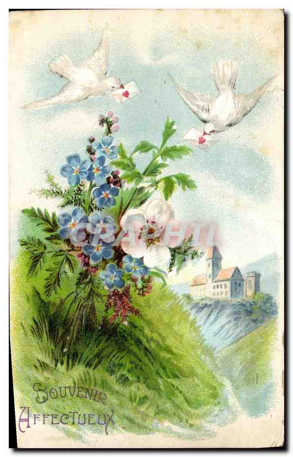 Deux colombes portant des lettres — bouquet de fleurs et château en arrière-plan — K. F. Éditeurs, Paris, Série 1.801