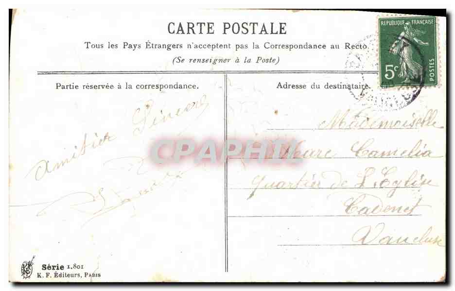 Deux colombes portant des lettres — bouquet de fleurs et château en arrière-plan — K. F. Éditeurs, Paris, Série 1.801 — Rückseite