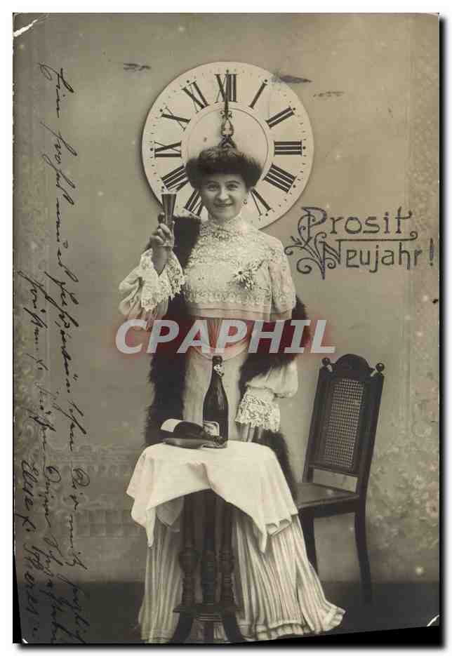 CPA Fantaisie Femme Horloge Champagne 