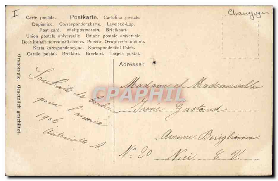 CPA Fantaisie Femme Luge Champagne  — Rückseite