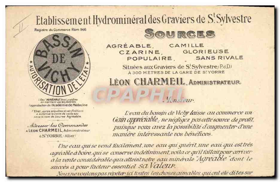 CPA Publicite Vichy Leon Charmeil  — Rückseite