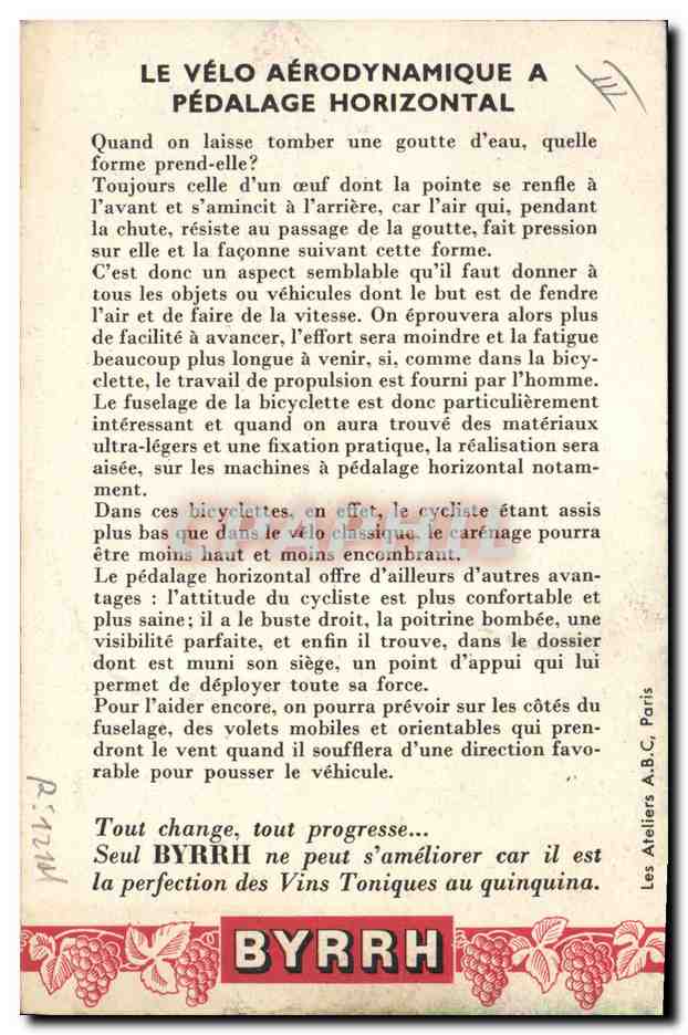 CPA Publicite Regards sur l'avenir Le velo aerodynamique a pedalage horizontal Cycle Bytth  — Rückseite