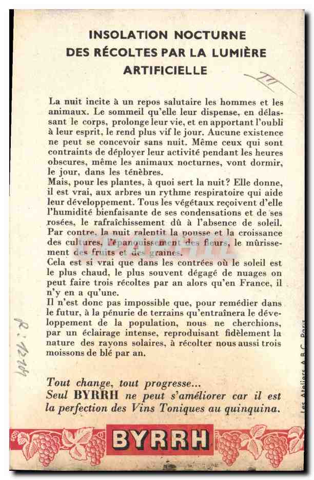 CPA Publicite Regards sur l'avenir Insolation nocturne des recoltes par la lumiere artificielle Byrrh  — Rückseite