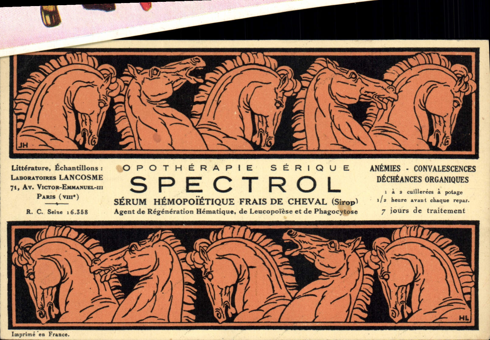 CPA Publicite Opotherapie Serique Spectrol Serum hemopoietique frais de cheval Laboratoires Lancosme Avenue Victor Emmanuel III Paris 8eme 