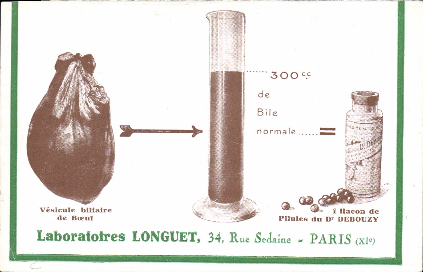 Vésicule biliaire — comparaison avec 300 cc de bile normale et pilules du Dr Debouzy — Laboratoires LONGUET, 34, Rue Sedaine - PARIS (XIe)
