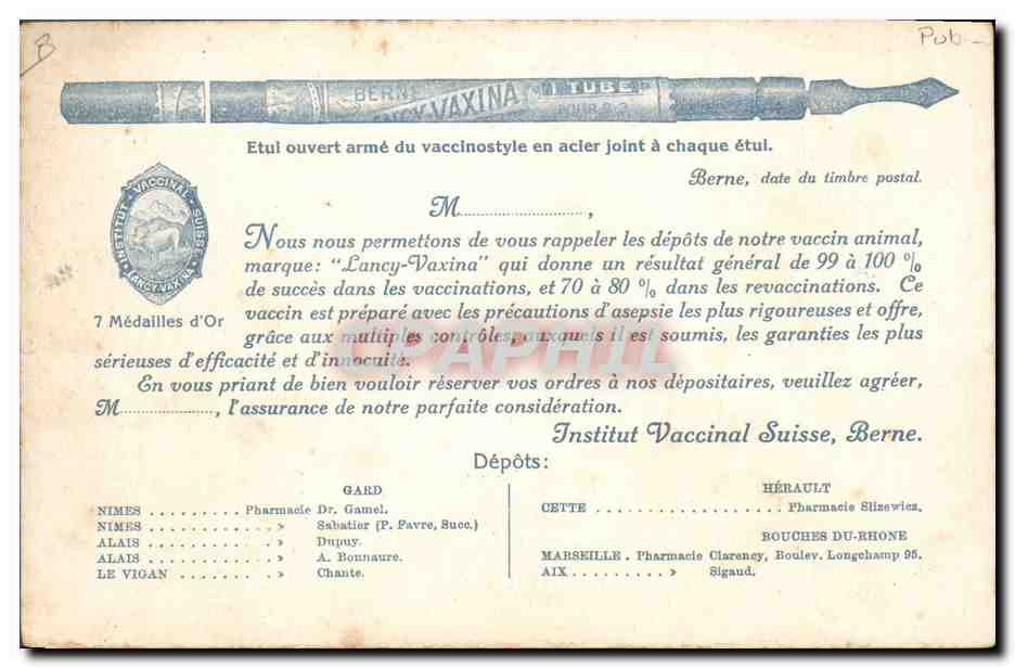 CPA Publicite Institut vacinal Suisse Berne Lancy Vaxina  — Rückseite