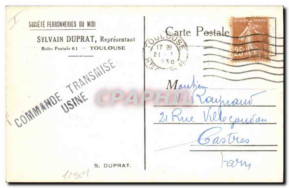CPA Publicite Societe Ferroneries du Midi Sylvain Duprat Toulouse  — Rückseite