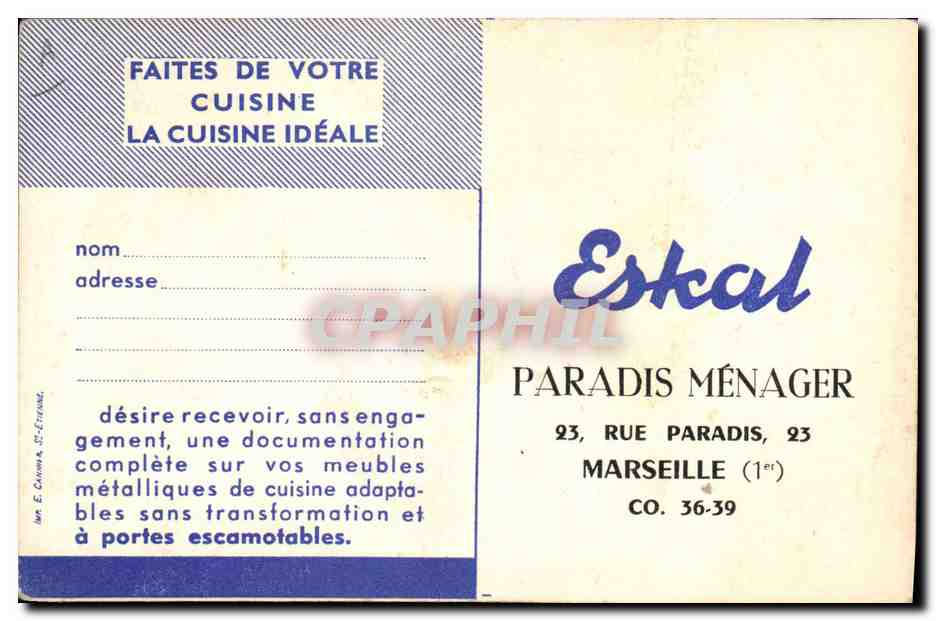 CPA Publicite Eskal Paradis Menager Rue Paradis Marseille Cuisine  — Rückseite