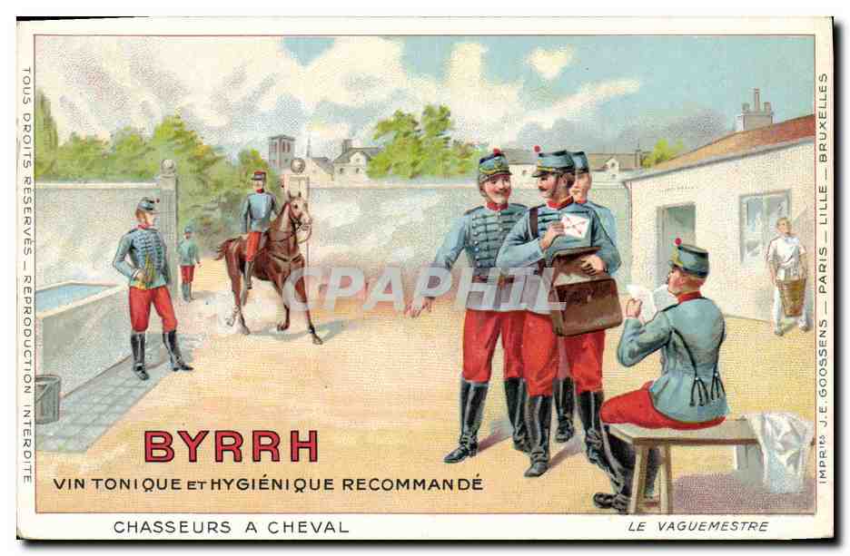 CPA Publicite Byrrh Vin tonique Chasseurs a cheval Militaria le vaguemestre 