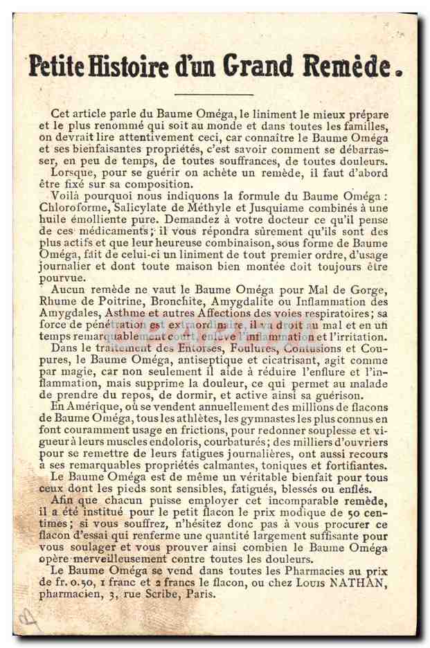 CPA Publicite Baume Omega contre entorses et contusions  — Rückseite