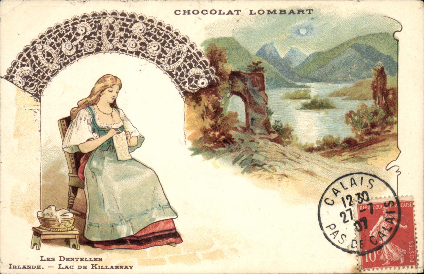 CPA Publicite Chocolat Lombart Les dentelles Irlande Lac de Killarney Femme 