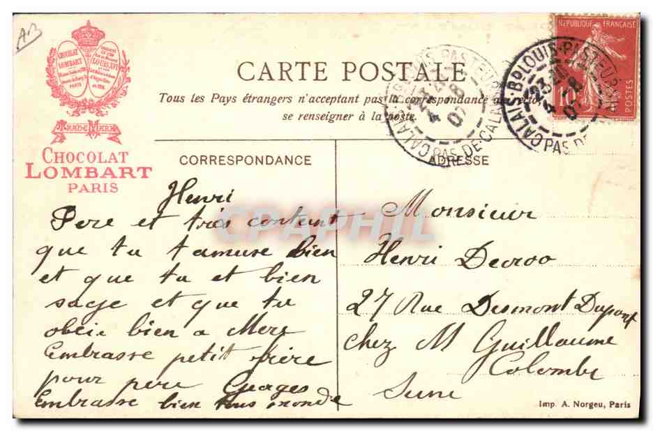 CPA Publicite Chocolat Lombart Les dentelles Le Quai Vert  — Rückseite