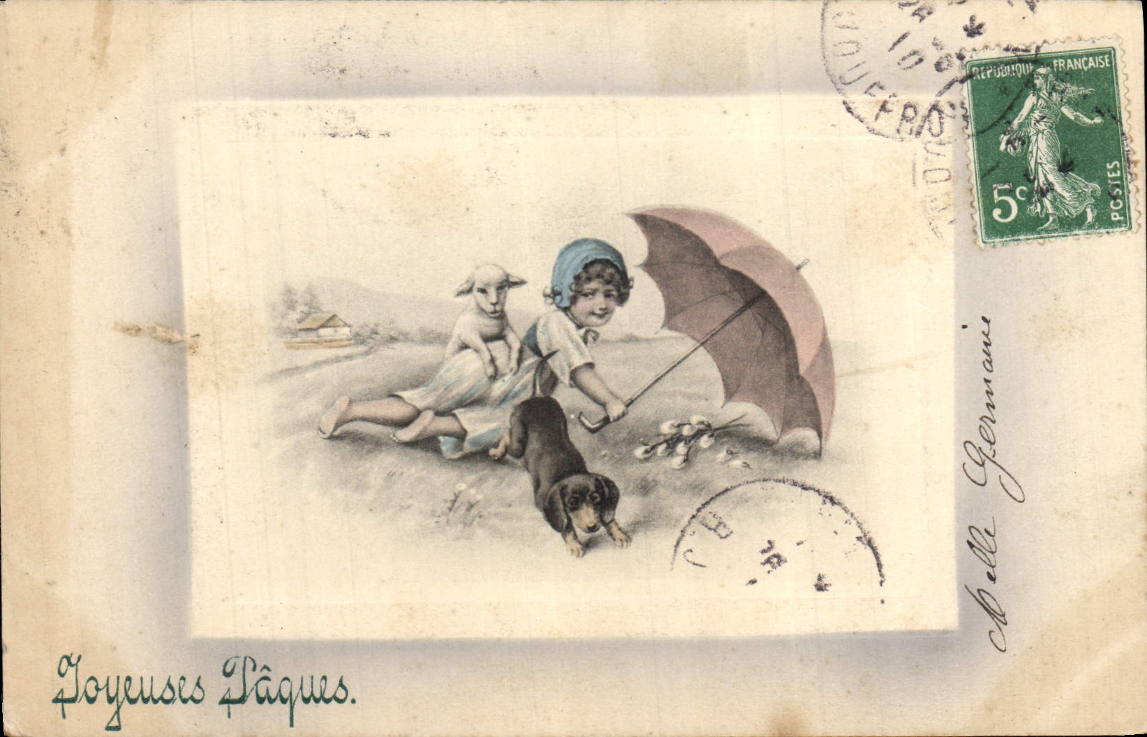CPA Fantaisie Illustrateur Enfant Chien Agneau Paques 