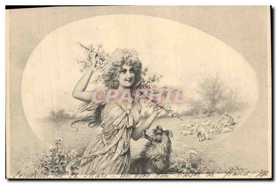 CPA Fantaisie Illustrateur Femme Chien 