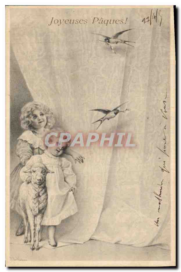 CPA Fantaisie Illustrateur Enfants Agneau Paques 
