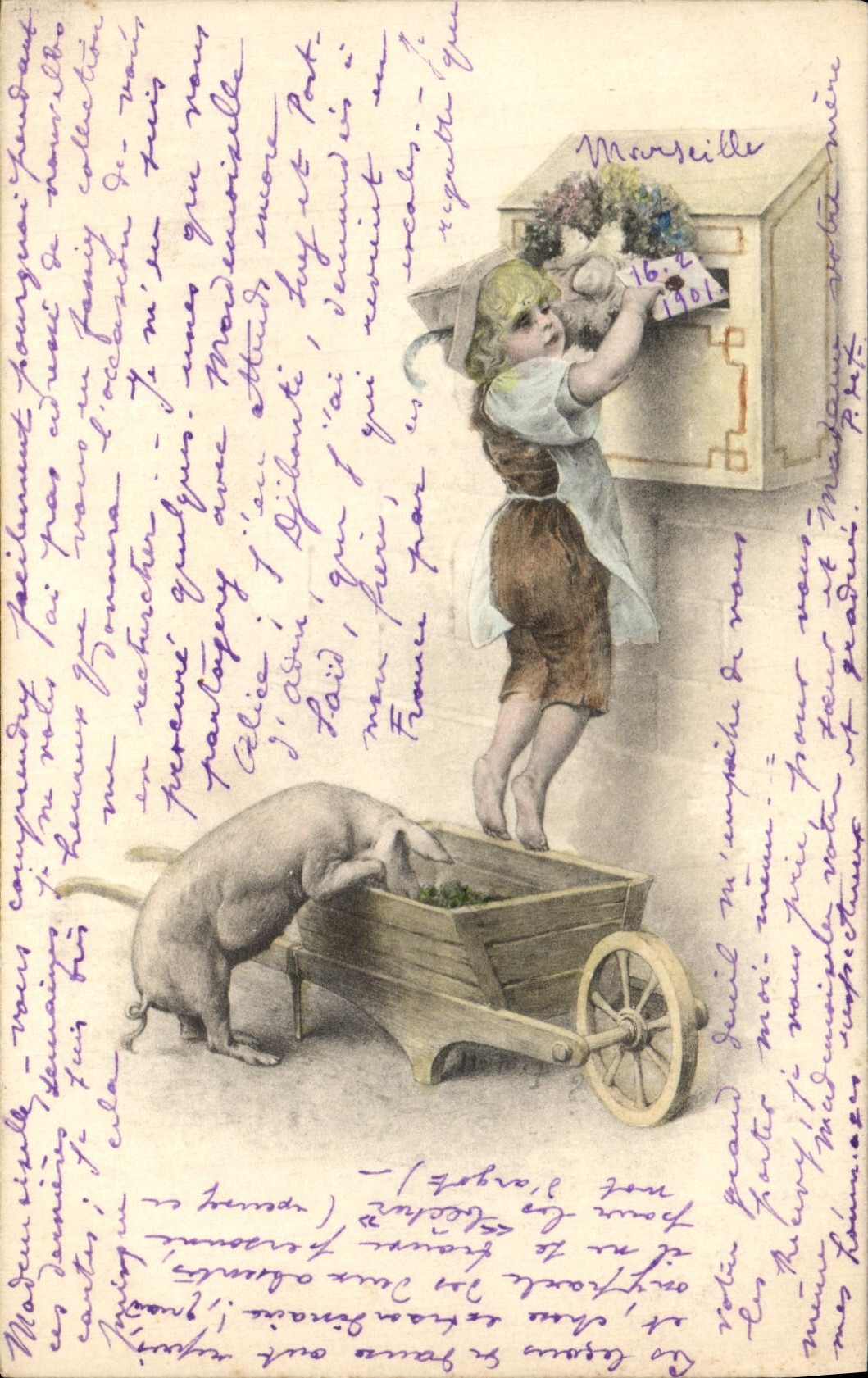 CPA Fantaisie Illustrateur Enfant Cochon Porc Boite aux lettres 