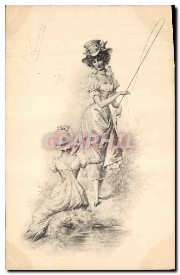 Femme à la canne à pêche — scène de rivière — M. M. VILNE