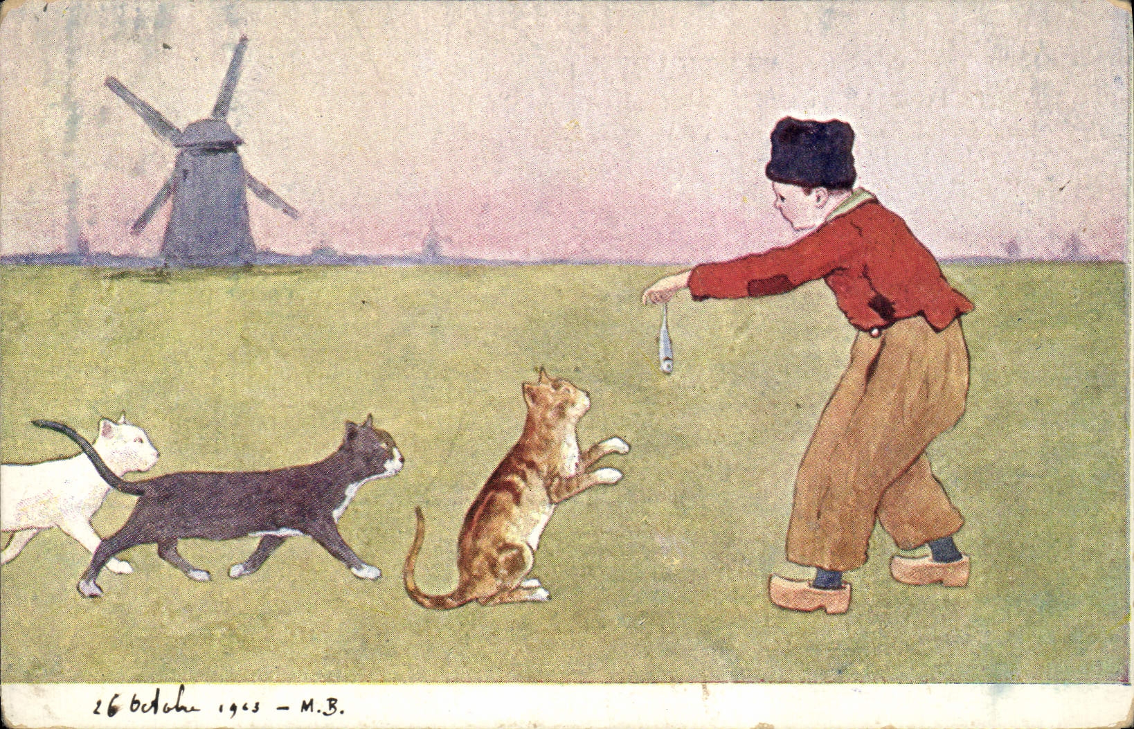 CPA Fantaisie Illustrateur Enfant Moulin a vent Chat Chats Chaton