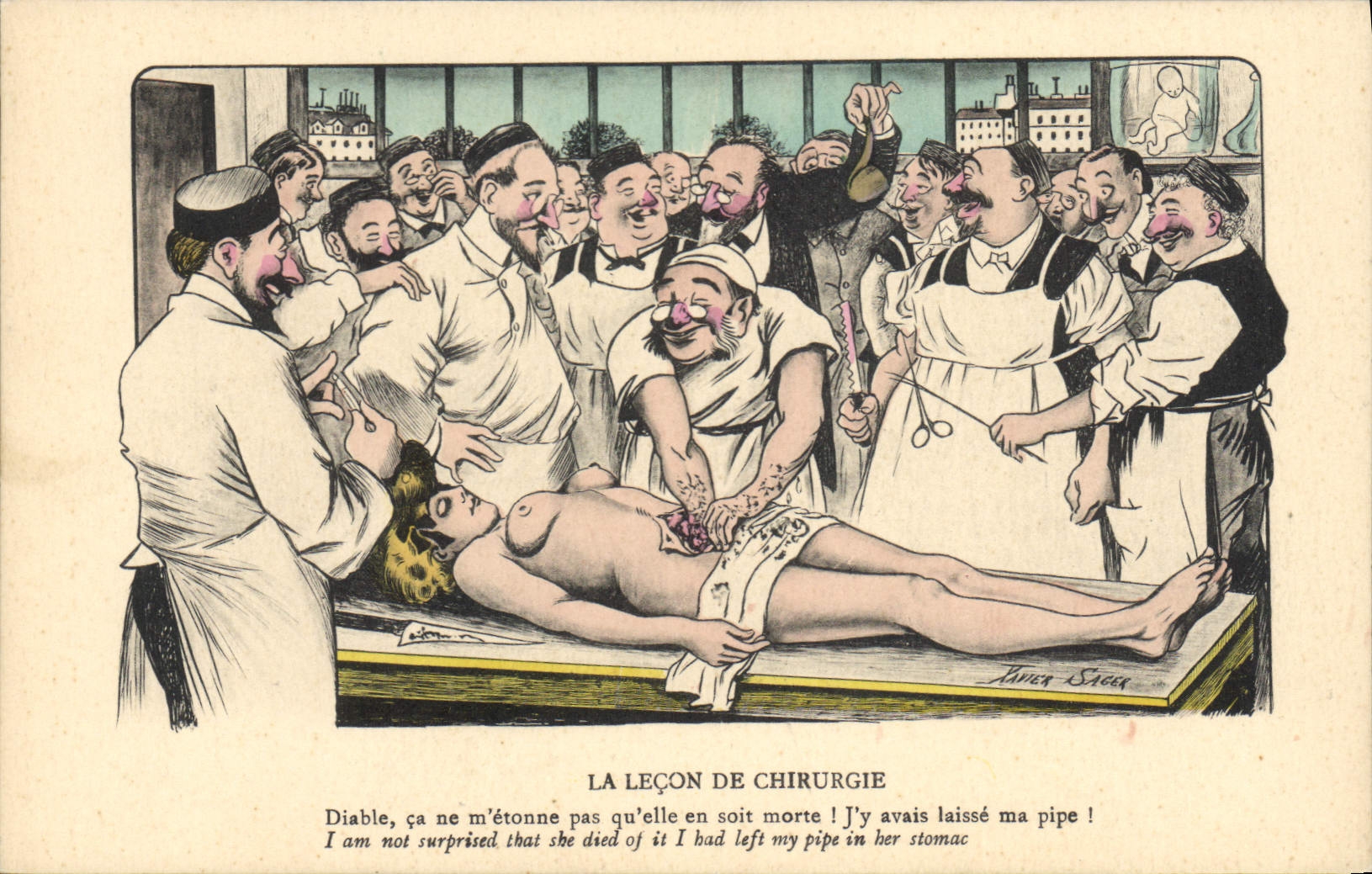 CPA Fantaisie Illustrateur Xavier Sager Femme la lecon de chirurgie 