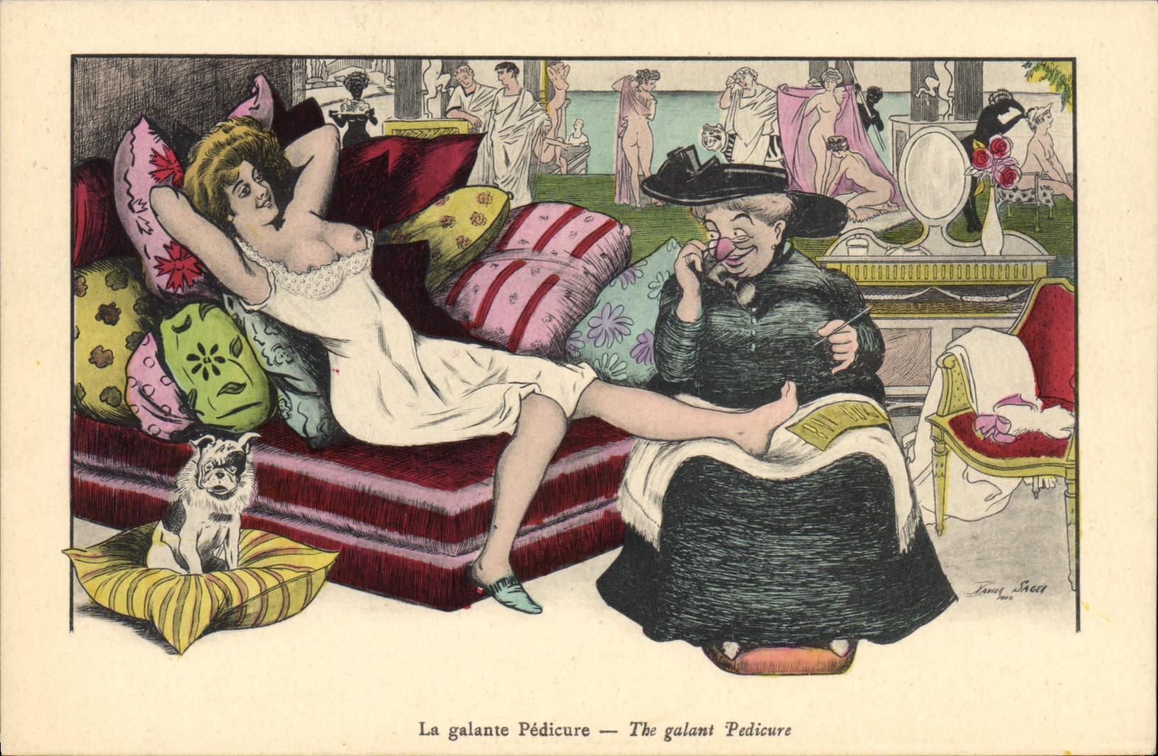 CPA Fantaisie Illustrateur Xavier Sager Femme La galante pedicure Chien Erotique 