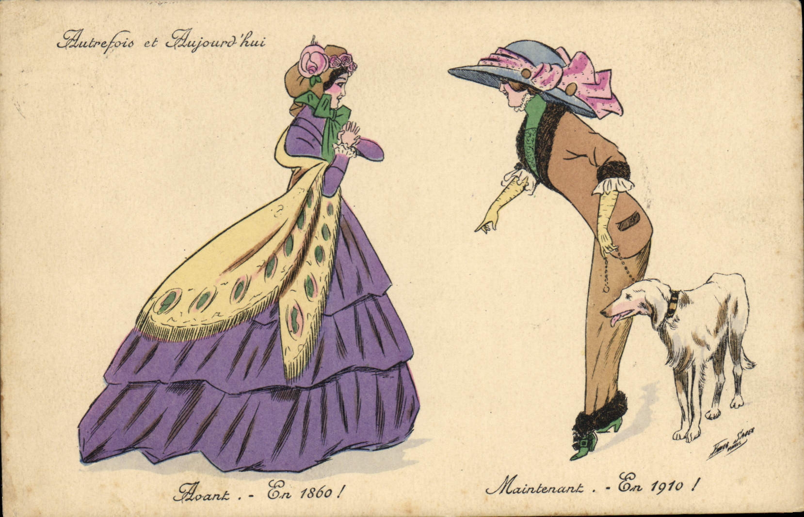 CPA Fantaisie Illustrateur Xavier Sager Femmes Autrefois et aujourd'hui En 1860 En 1910 Chien Mode 