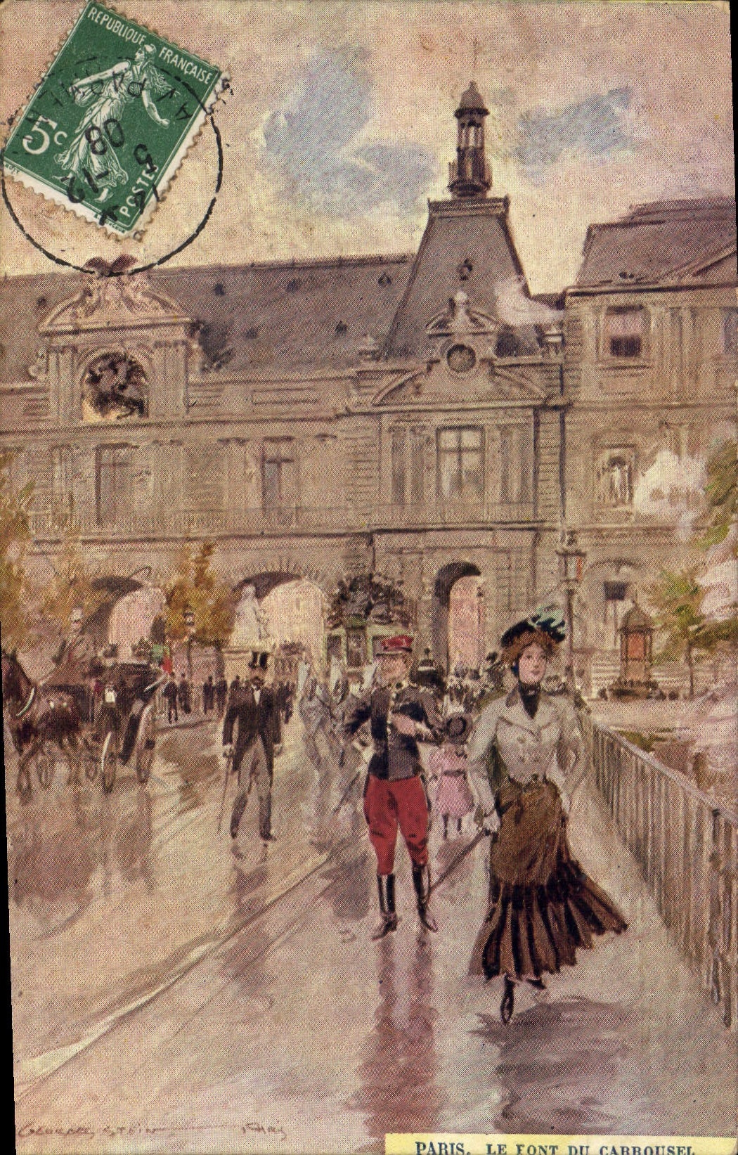 Paris. Le Font du Carrousel — vue de la place avec promeneurs et soldat — George Stein, Paris