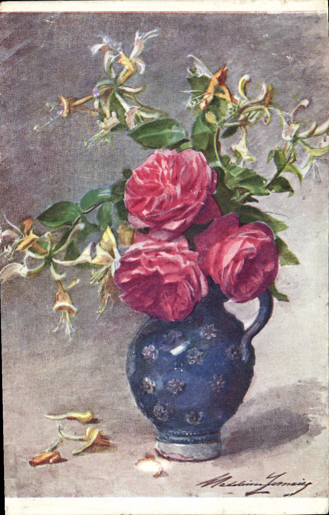 CPA Fantaisie Fleurs Mme Madeleine Lemaire Roses et Chevrefeuille