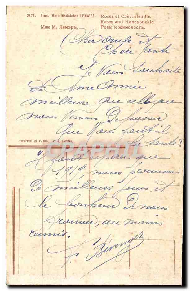CPA Fantaisie Fleurs Mme Madeleine Lemaire Roses et Chevrefeuille — Back